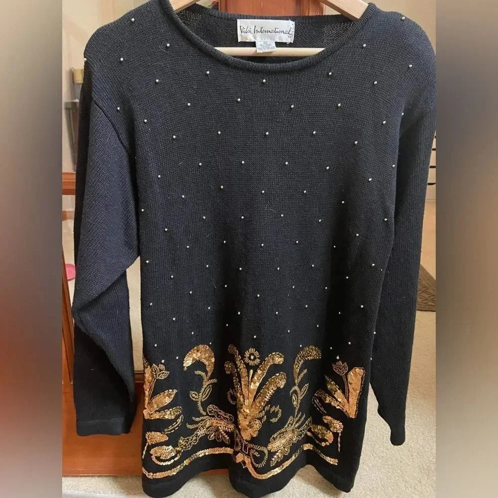 Viki International 90s Black Gold Knit Tunic Sequin Medium Sweater shoulder pads